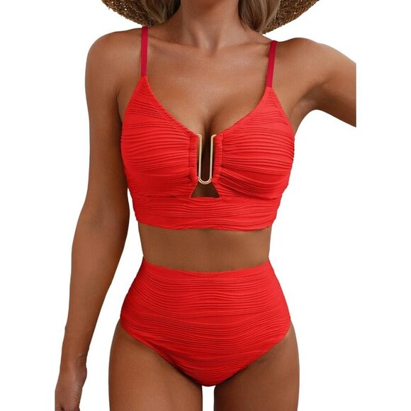 🆕Women Red 2 Piece Bikini Set U-Wire Cutout Swimsuit High Waisted Bathing Suit - Picture 1 of 6